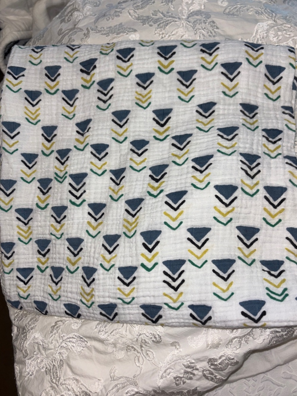 Pottery Barn White Muslin Baby Swaddle with Navy, Green & Mustard Arrow Print